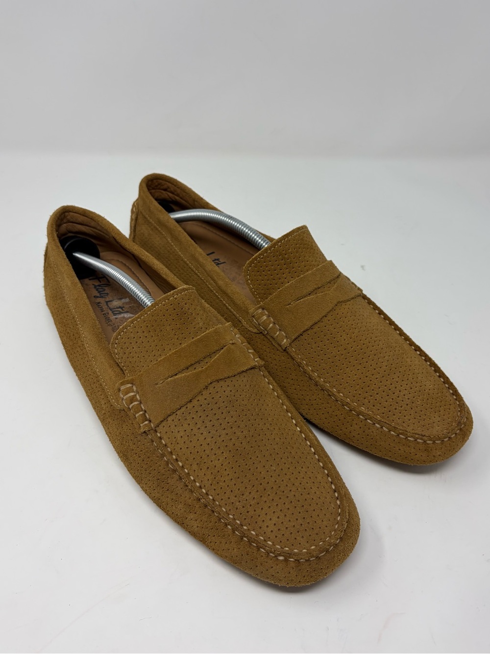 FLAG LTD NAPPA GLOVE PENNY LOAFERS BROWN SUEDE PERFORATED LEATHER 13M COASTAL